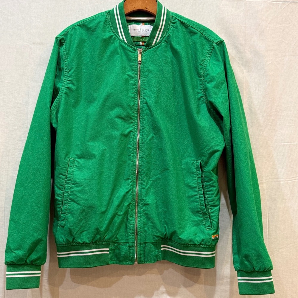 Denim & Flower Ricky Singh Mens Green Bomber Jacket Irish Shamrock Medium
